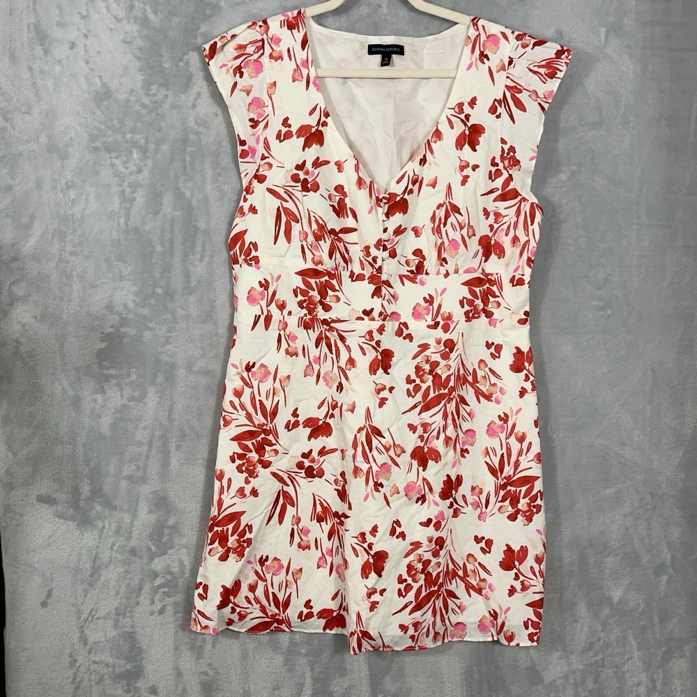 Banana Republic Womens Midi Dress 18‎ Red White Spring Floral Linen Blend Party